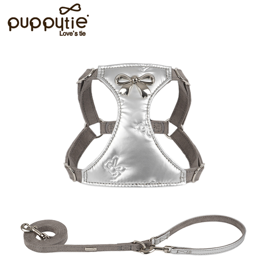 The Metallic Bow Harness & Leash Set Liquid Silver