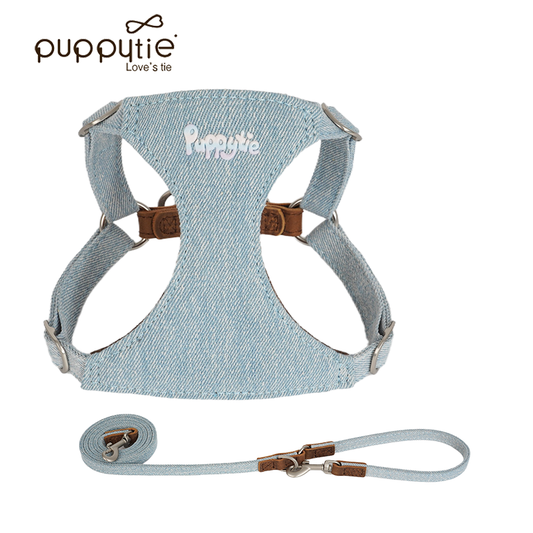 The Puff & Joy Denim & Leash Set Light Blue Bubble