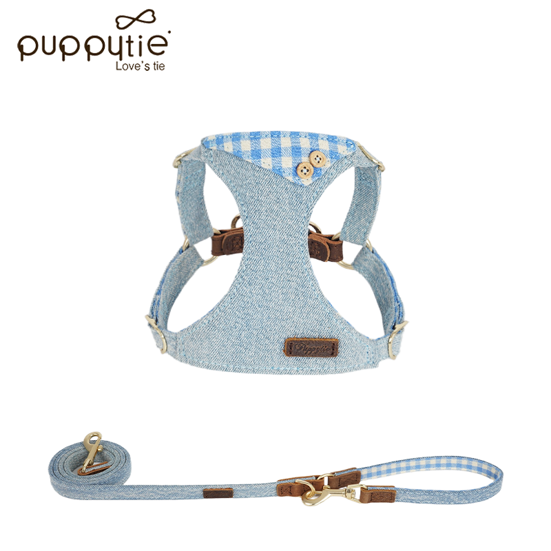 The Denim Turn-Collar Harness & Leash Set Sky Blue