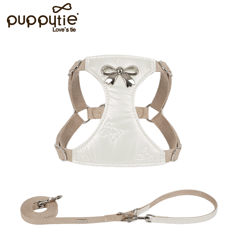 The Metallic Bow Harness & Leash Set Moon White