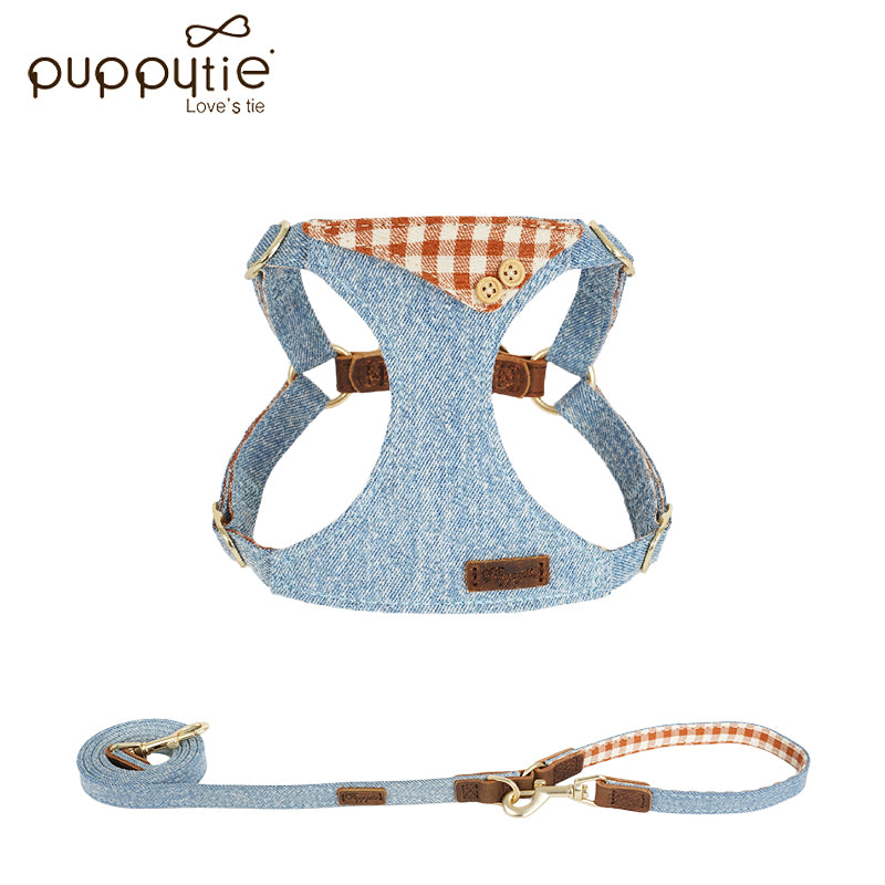 The Denim Turn-Collar Harness & Leash Set Wheatfield Brown