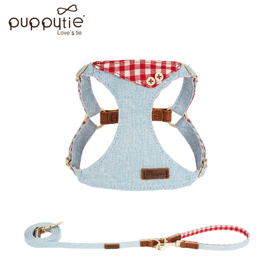 The Denim Turn-Collar Harness & Leash Set Scorching Sun Red