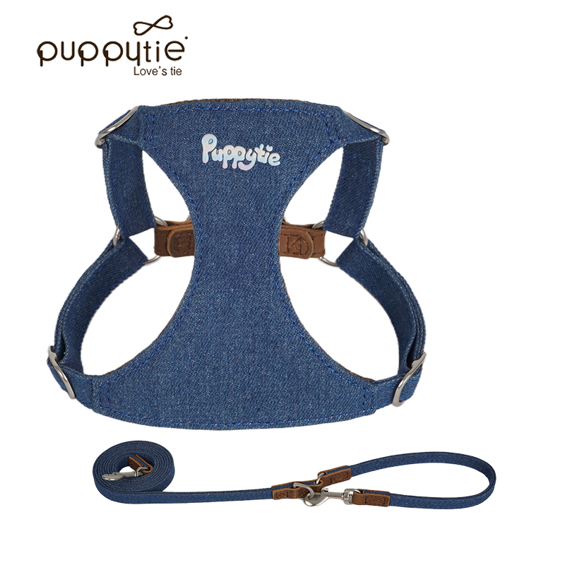 The Puff & Joy Denim & Leash Set Dark Blue Bubble