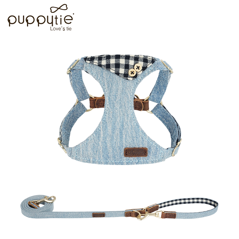 The Denim Turn-Collar Harness & Leash Set Linen Black