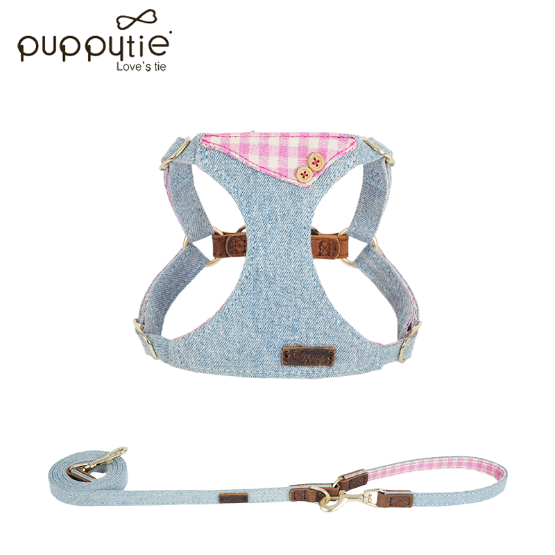 The Denim Turn-Collar Harness & Leash Set Spring Pink